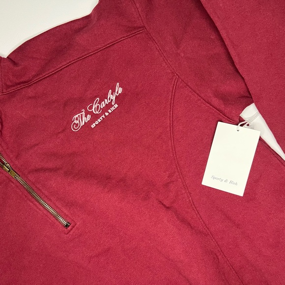 New with tags Sporty & Rich The Carlyle Script Quarter Zip - Merlot/White - Picture 5 of 7